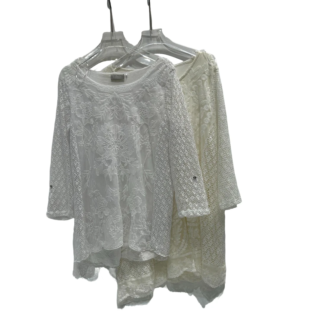 CADVA春季时尚白色套头镂空钩花圆领气质百搭款宽松休闲上衣