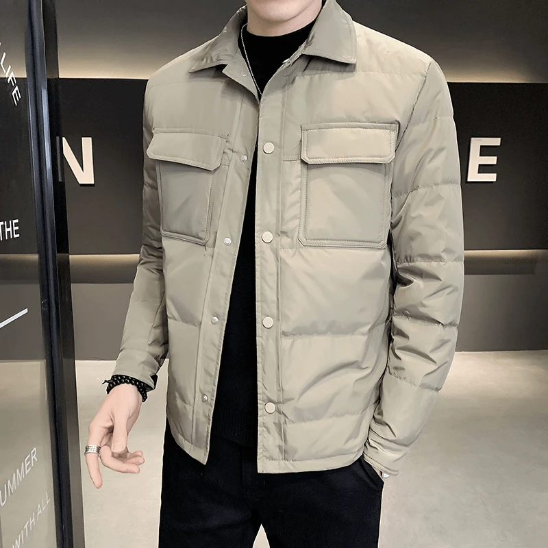 花花公子冬季新款休闲百搭衬衣领羽绒服时尚潮牌翻领工装轻薄外套