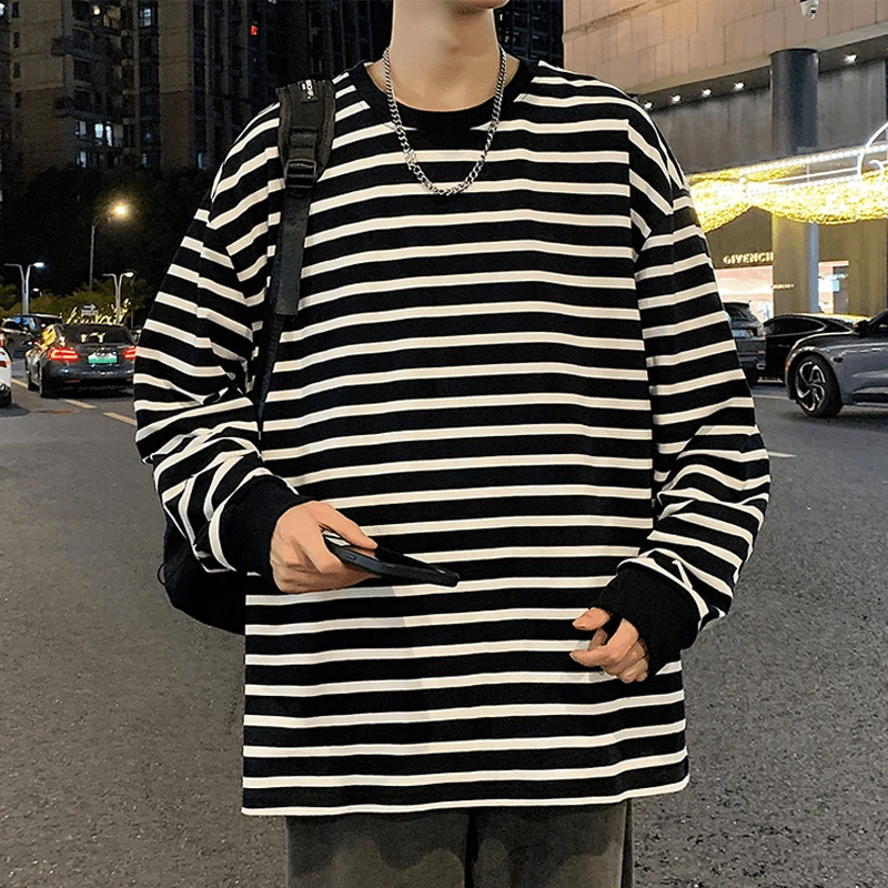 HE男士长袖T恤春秋季新款潮牌宽松圆领打底衫条纹百搭上衣服