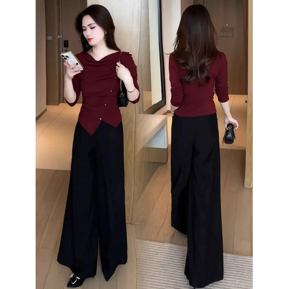 时尚套装女2025春季新款修身显瘦不规则开叉T恤上衣阔腿裤两件套