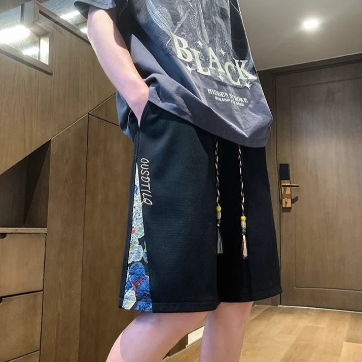 运动五分裤男夏季潮牌情侣宽松阔腿百搭日系复古小熊刺绣休闲短裤