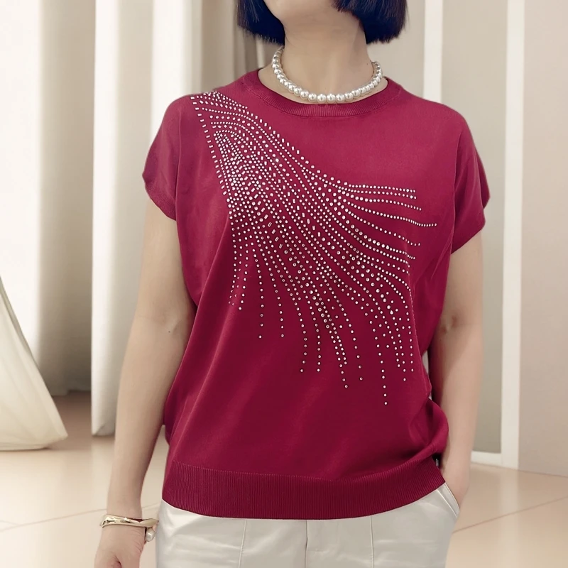 165酒红羽翼烫钻丝光棉上衣高级感气质提升款大码洋气时尚百搭