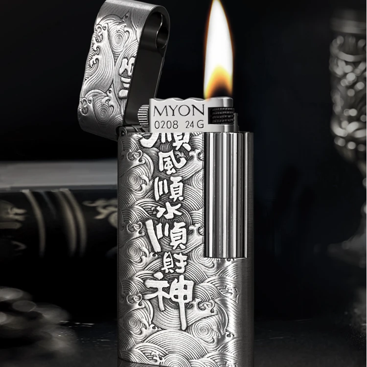 MYON勉牌爵士待机王双面浮雕顺风顺水款镀古银拉丝个性煤油打火机