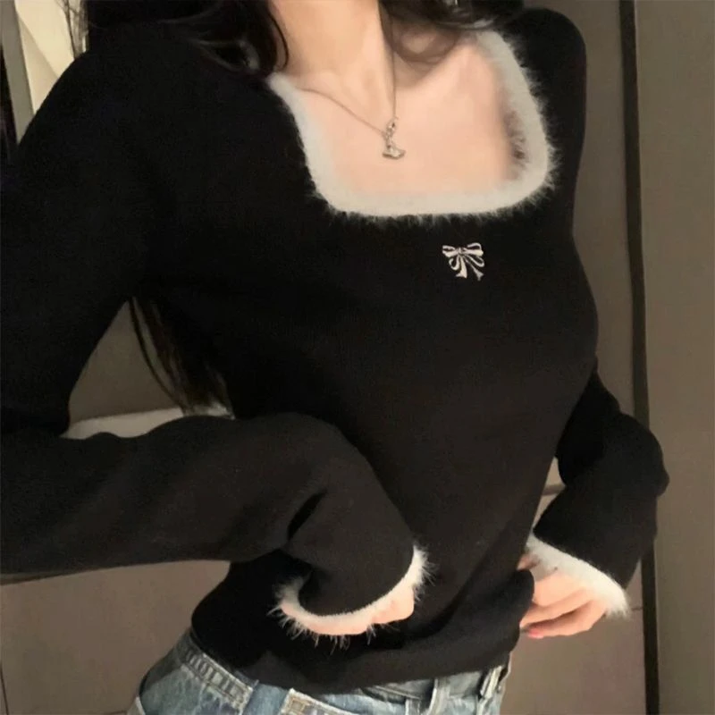 小个子德绒软糯小众法式短款方领T恤打底衫女秋冬高级感内搭上衣