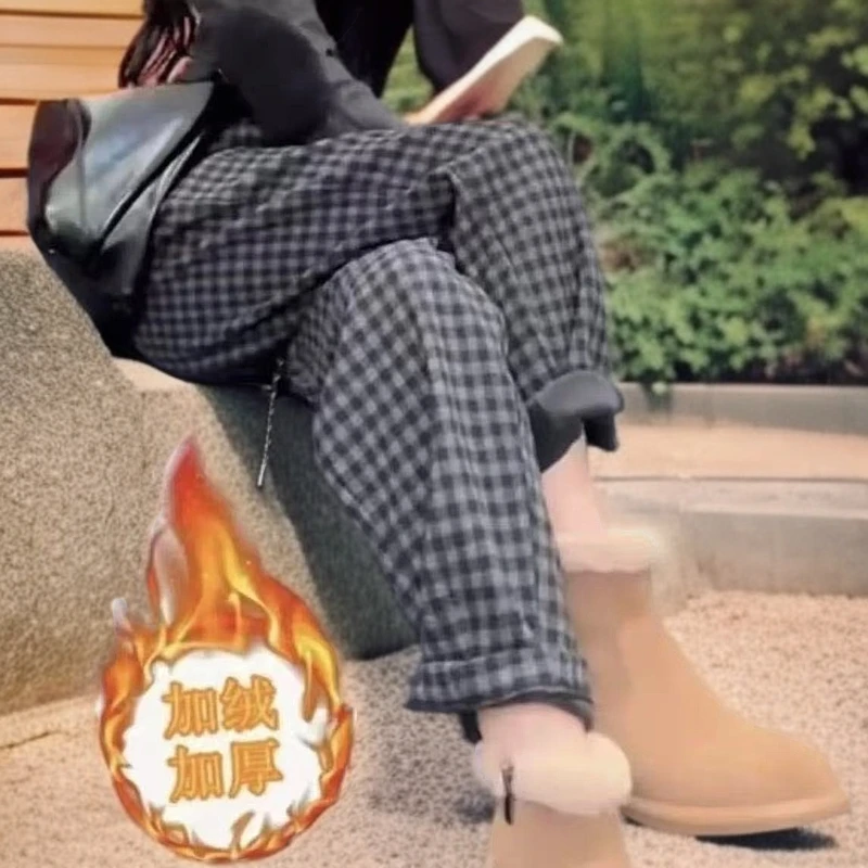 【雅妮】2025早春毛呢一体春款欧韩版复古百搭时尚格子哈伦女休闲裤