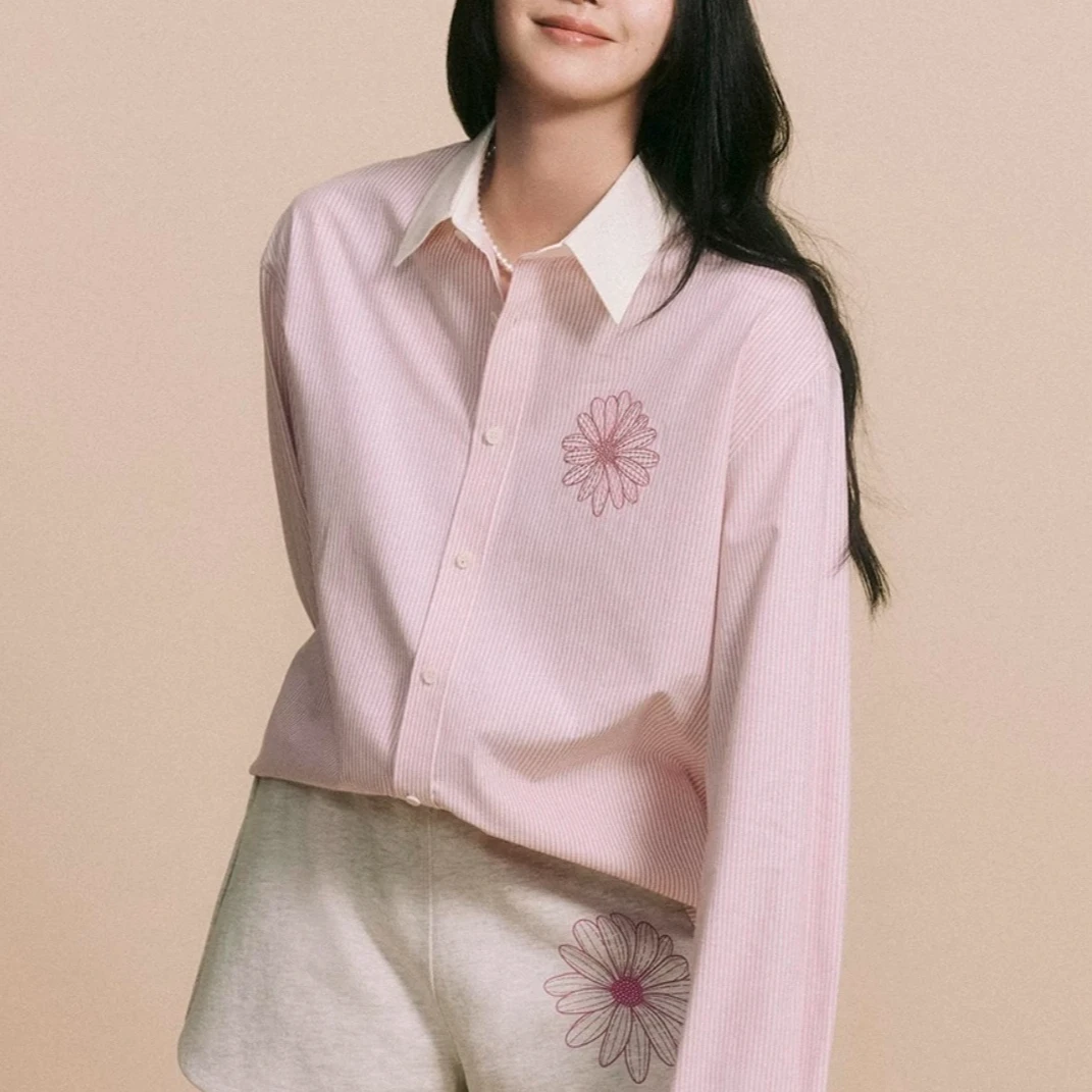 【粉蓝雏菊】2025春季新款条纹粉色蓝色长袖衬衫A345