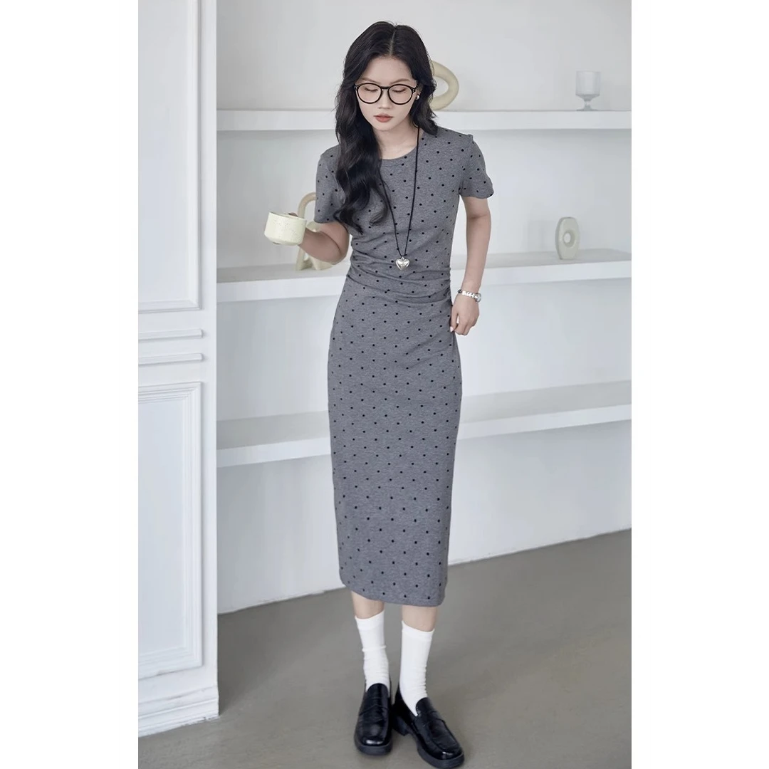 灰色波点短袖连衣裙女褶皱收腰显瘦气质包臀裙子27676