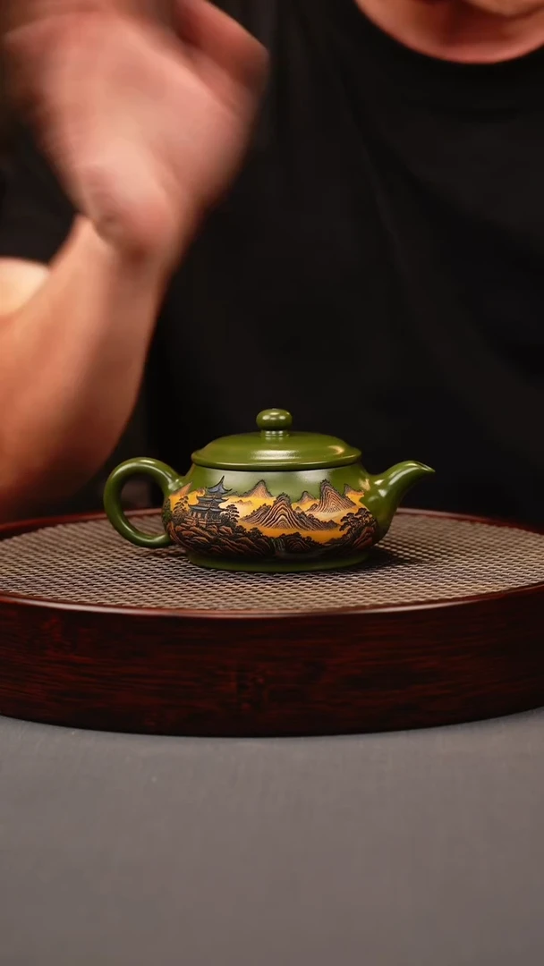 茶壶紫砂绿泥 明炉 彩刻山水