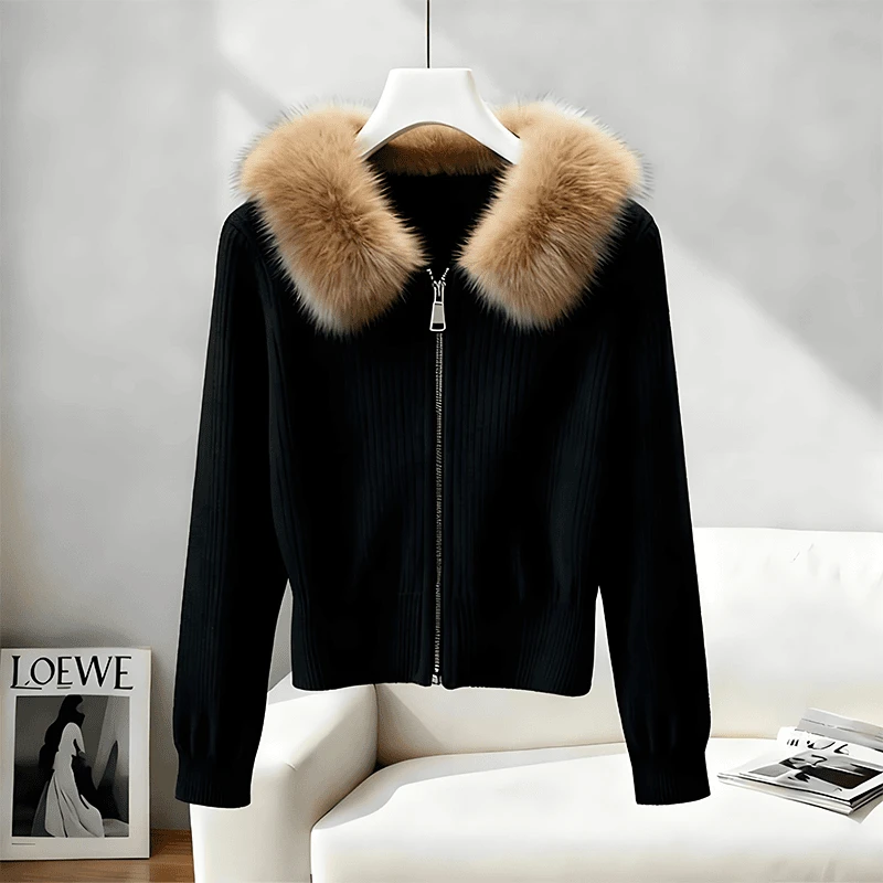 小众炸街高级感女装针织开衫外套女黑色毛领毛衣女款爆款2025新款