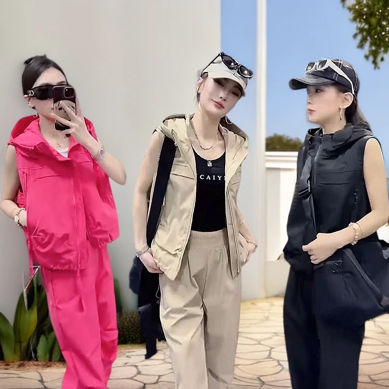 时尚运动休闲坎袖马甲外套工装裤女短款小个子潮流连帽拽舞步套装