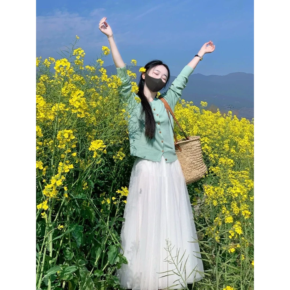 2025新款超火爆款春装搭配一整套ootd穿搭绿色针织衫两件套装裙女