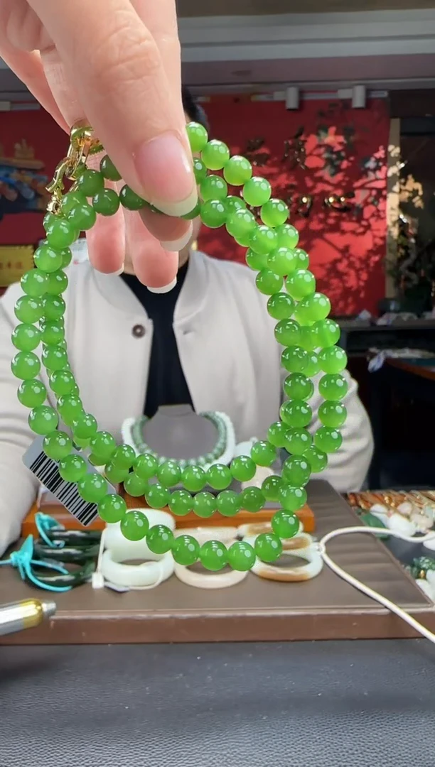 颈饰未镶嵌和田玉碧玉果辣绿108颗多圈卡6