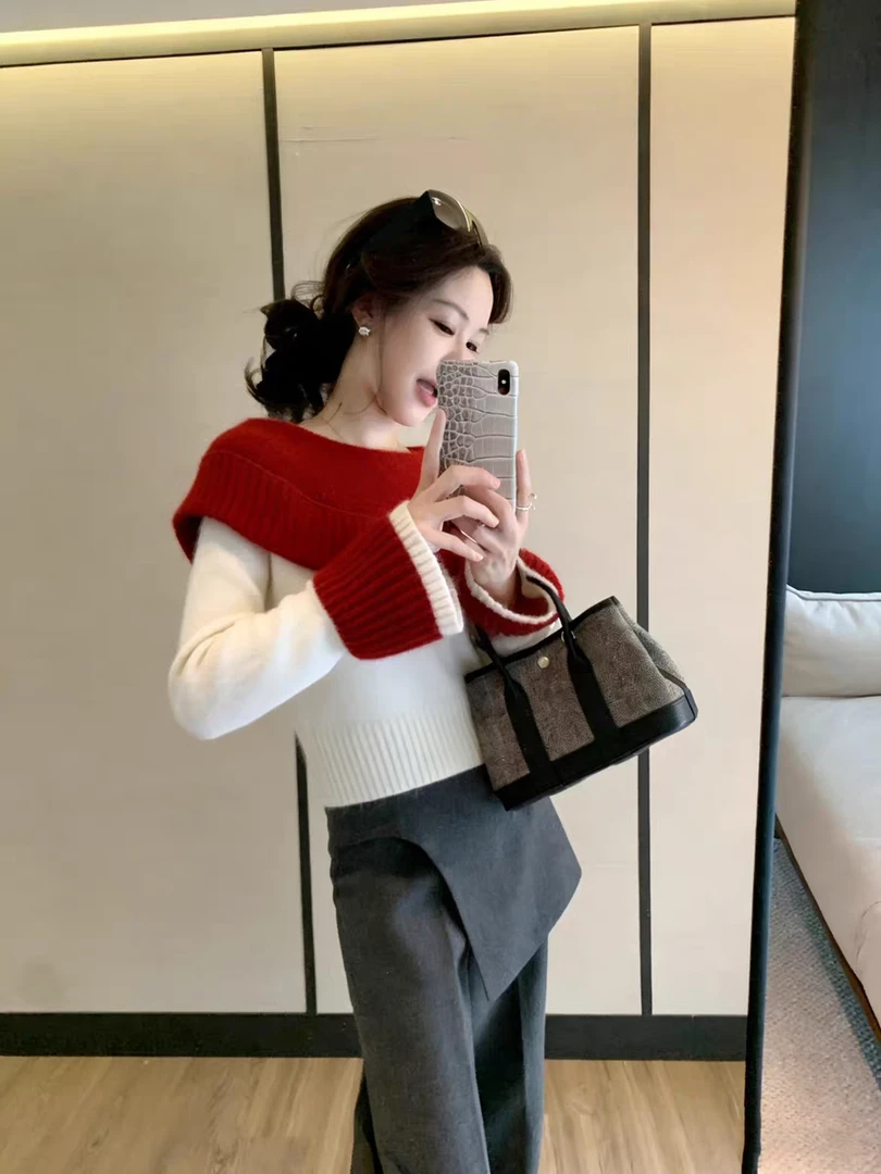 2026秋冬新款韩系气质撞色高级感喇叭袖设计针织衫屁帘裤子套装