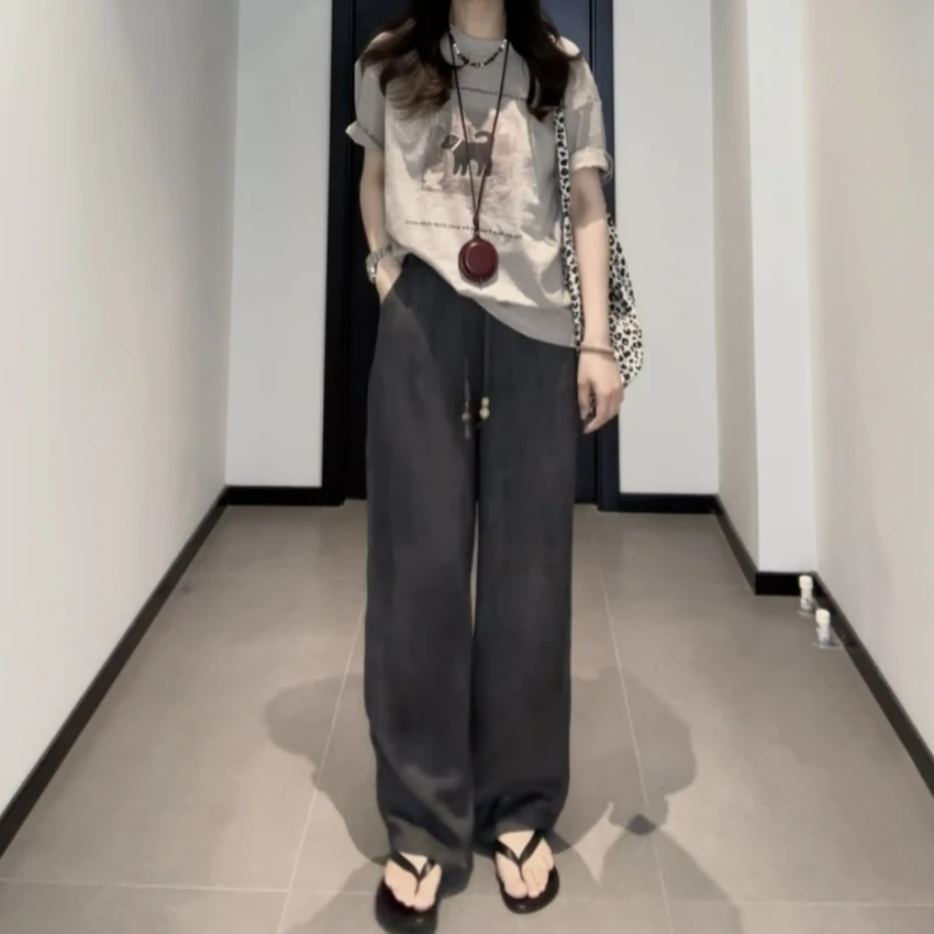 【望月】天丝亚麻薄款透气炒色显瘦镰刀拖地裤百搭松紧腰休闲裤子女