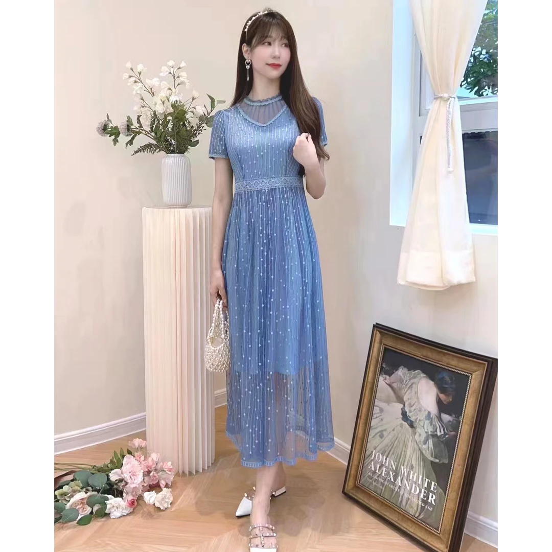 刺绣连衣裙【珍珠串串】L9176坚条优雅法式气质甜美条子刺绣显高