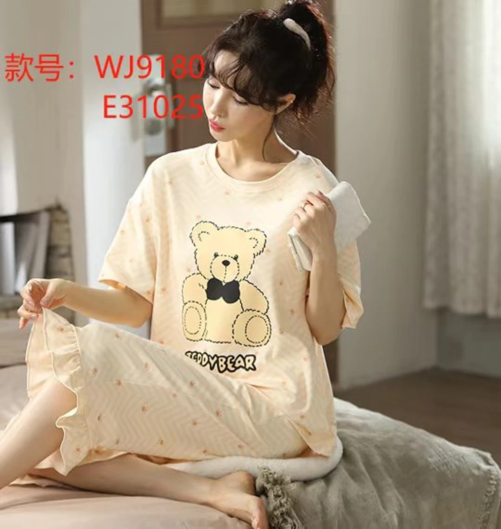 郑小姐~纯棉短袖薄款七分裤甜美黄色小熊卡通家居服套装睡衣圆领