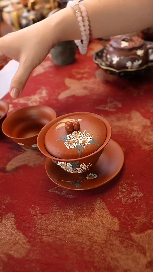 茶壶紫砂朱泥三才盖碗+2杯子