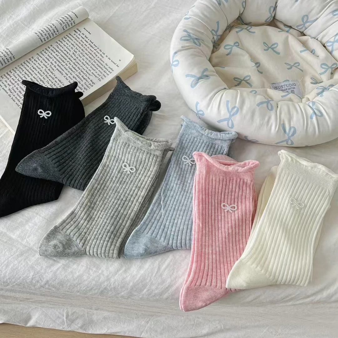 【达人专属】珍珠蝴蝶结卷边薄款中筒袜透气网眼袜女袜韩系堆堆袜
