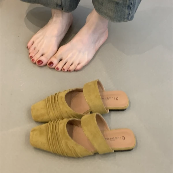 BLG-206-2绒面小众褶皱包头拖鞋新款方头低跟一脚蹬懒人鞋穆勒鞋