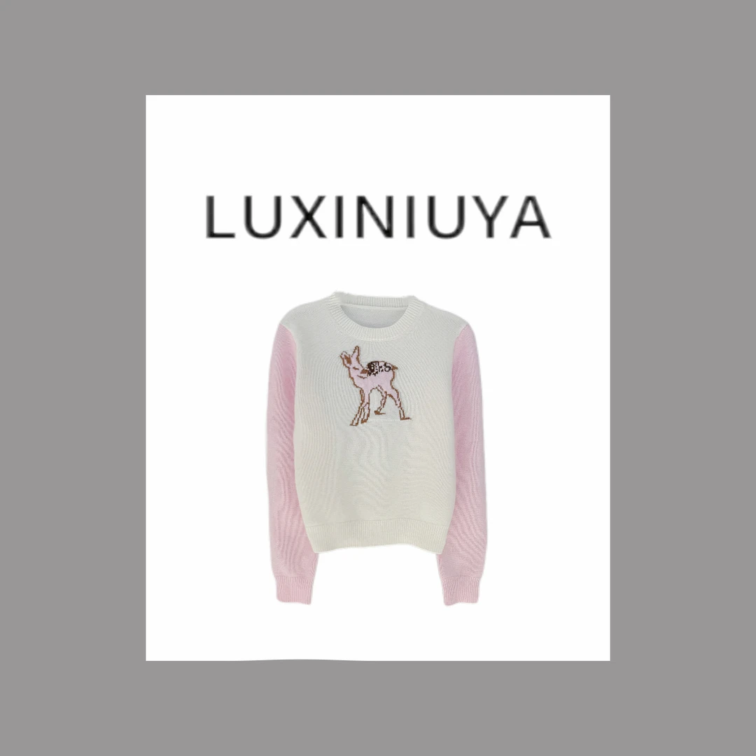 【LUXINIUYA】圣诞鹿 100羊毛提花针织限定粉色小鹿毛衣#S0672