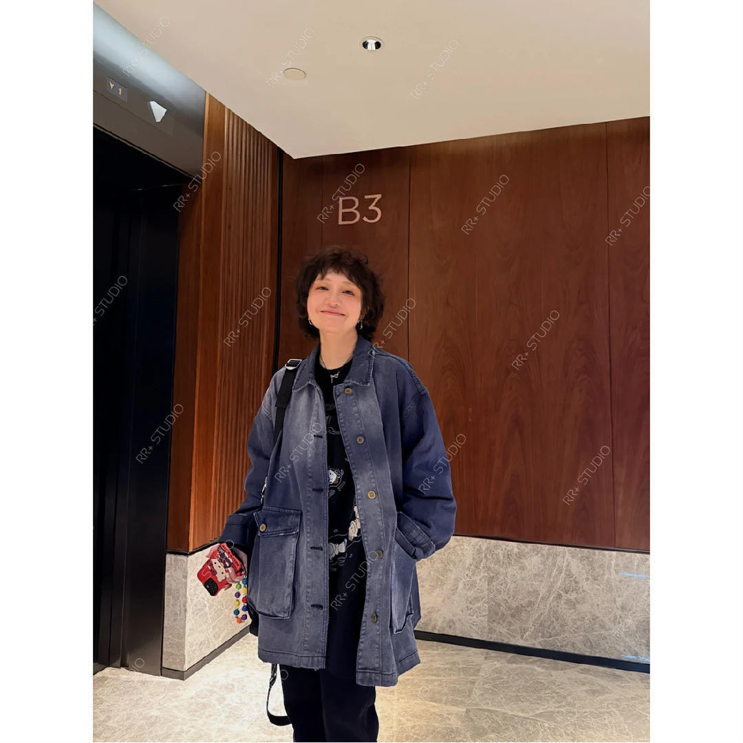 19970文艺复古磨白做旧大口袋牛仔外套女宽松长袖开衫上衣