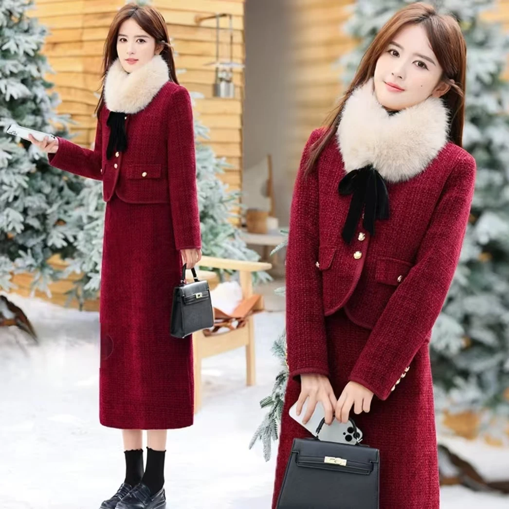 93152#新年小香风套装秋冬时尚高级感名媛外套女加厚半身裙两件套