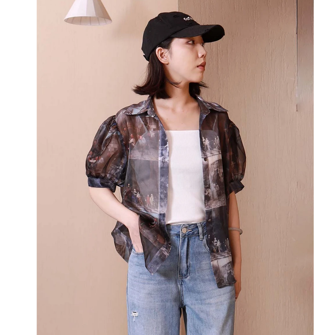 【专场PO价】西町村屋设计款透感泡泡袖印花衬衣YB7103931