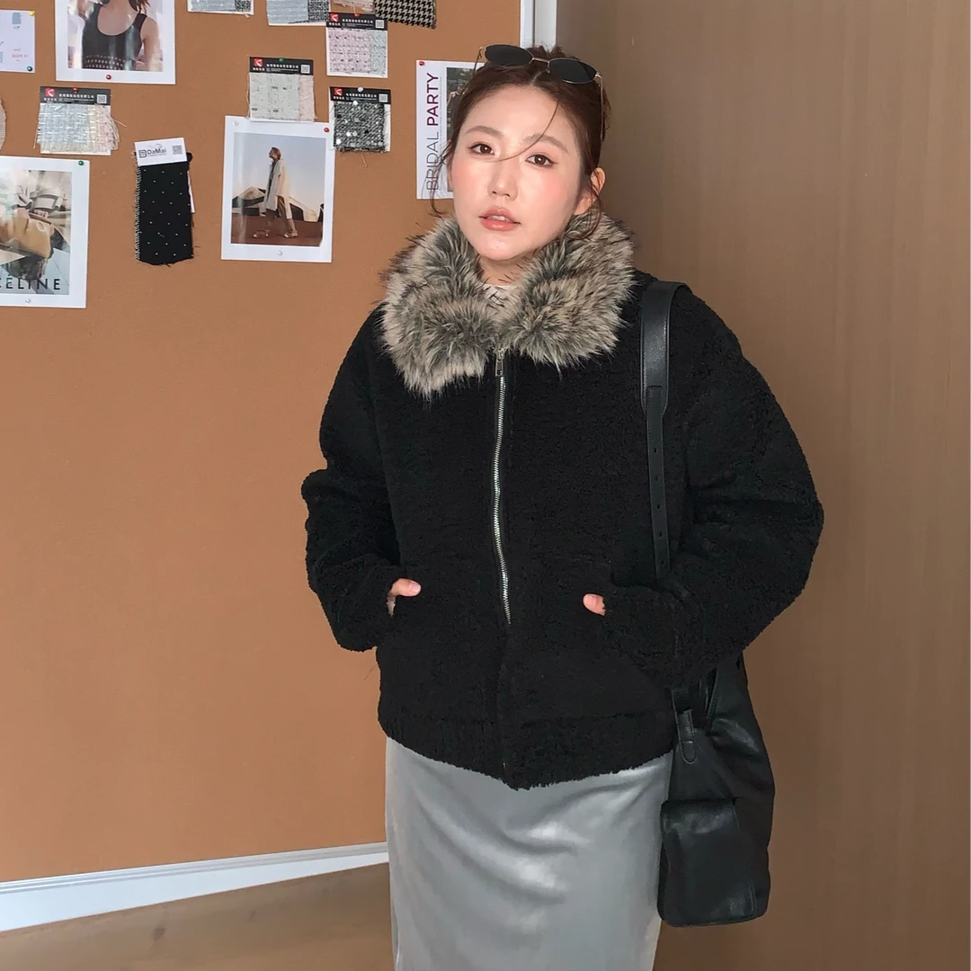 Q了个T 微胖定制【米兰之夜】羊羔毛超显瘦加厚大毛领外套