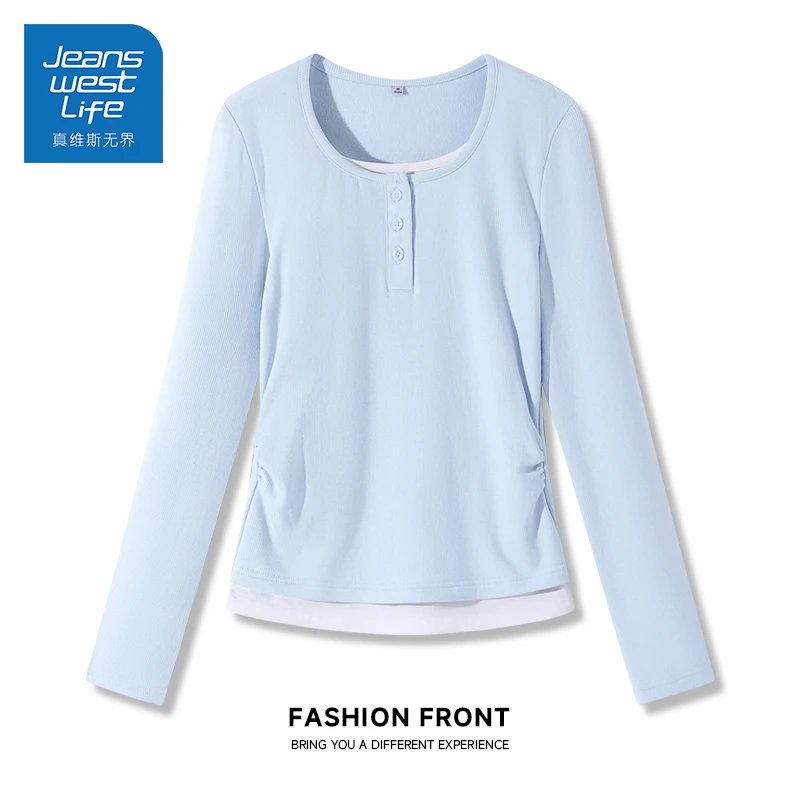 真维斯无界u领开扣假两件长袖女针织2025新款螺纹独特漂亮小衫女