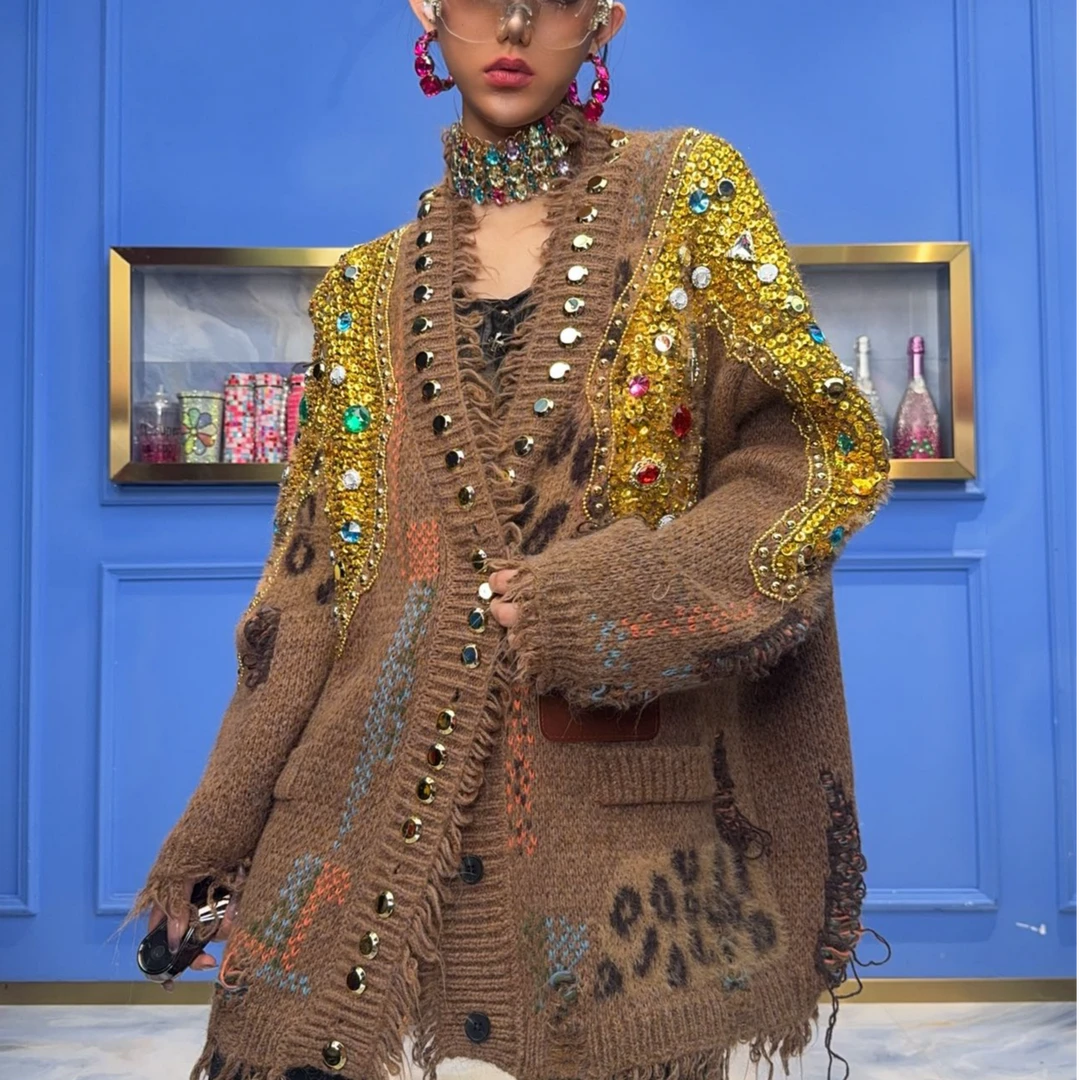 H00057 设计师连卡佛手工亮片刺绣时尚女性气质减龄毛衣开衫