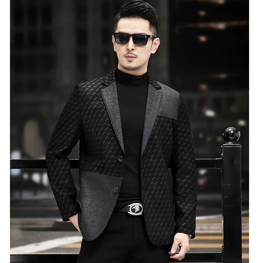 斯里卡琪春秋新款皮衣男士真皮绵羊皮西装商务休闲修身轻奢皮夹克