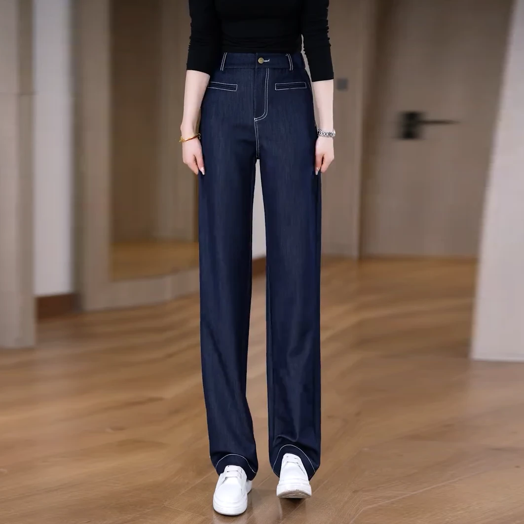 丹宁蓝直筒牛仔裤女2025春季新款高腰宽松显瘦小个子垂感阔腿裤子