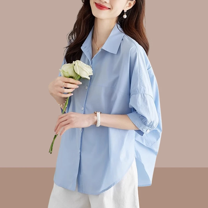 韩版显瘦短袖衬衫女2025夏季新款宽松上衣休闲漂亮小衫五分袖衬衣