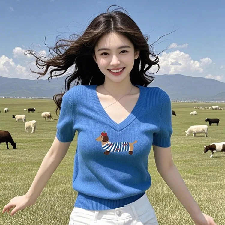 2025早秋新款蓝色针织短袖t恤女克莱因蓝色超好看外套百搭上衣潮