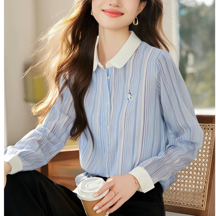全额运费补贴清新蓝白条纹长袖女士衬衫秋季新款柔软衬衣单排多扣