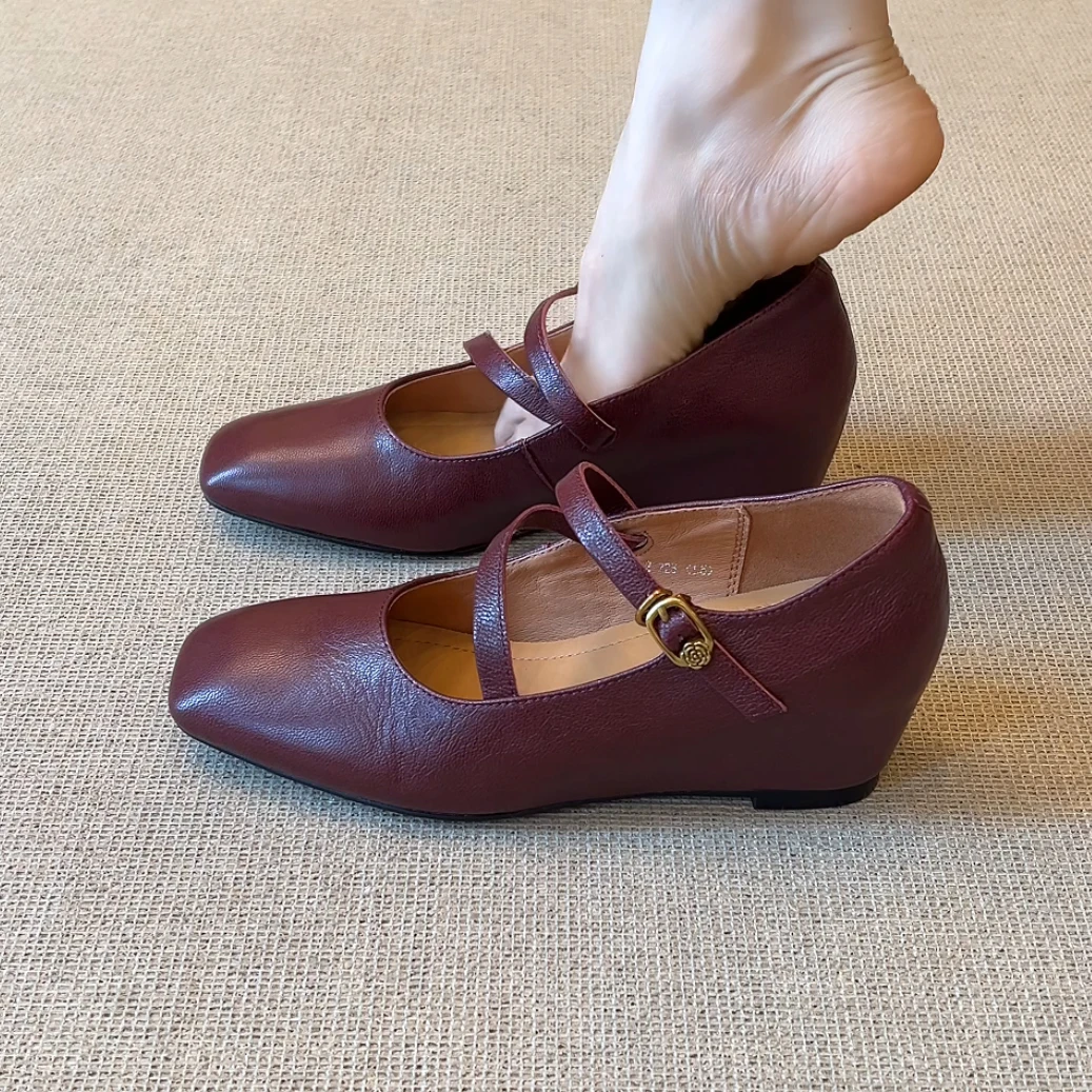 RubyL/5cm简约复古舒适百搭一字带内增高方头浅口玛丽珍单鞋女款