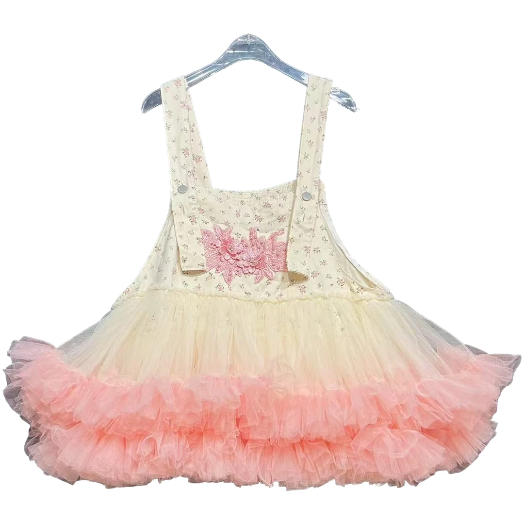 4882【珍珍优选】设计师新款拼接纱纱夏季牛仔背带连衣裙