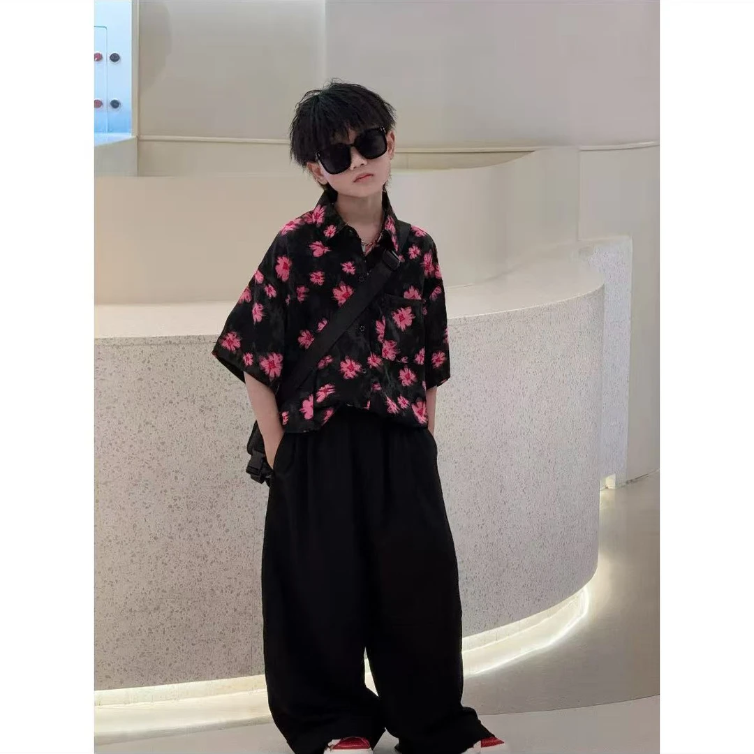 男童夏季冰感衬衫套装2025新款中大童休闲时尚满印儿童薄款开衫潮