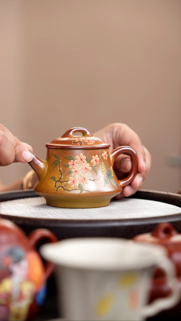茶壶紫砂柴烧隐瓢泥绘蝶恋花
