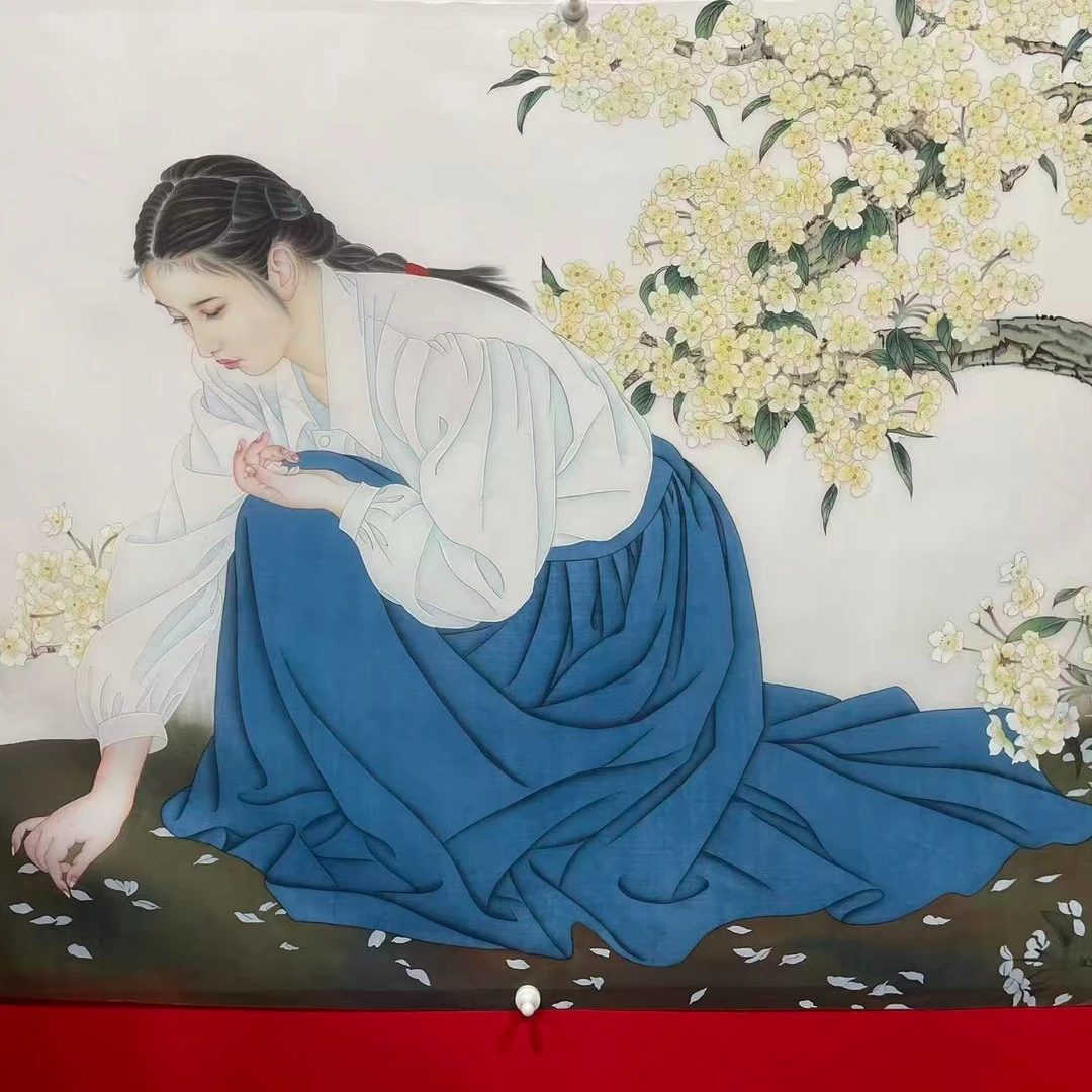 大尺幅丝绢-横幅-少女+海棠花-HJY-嘉福书画院