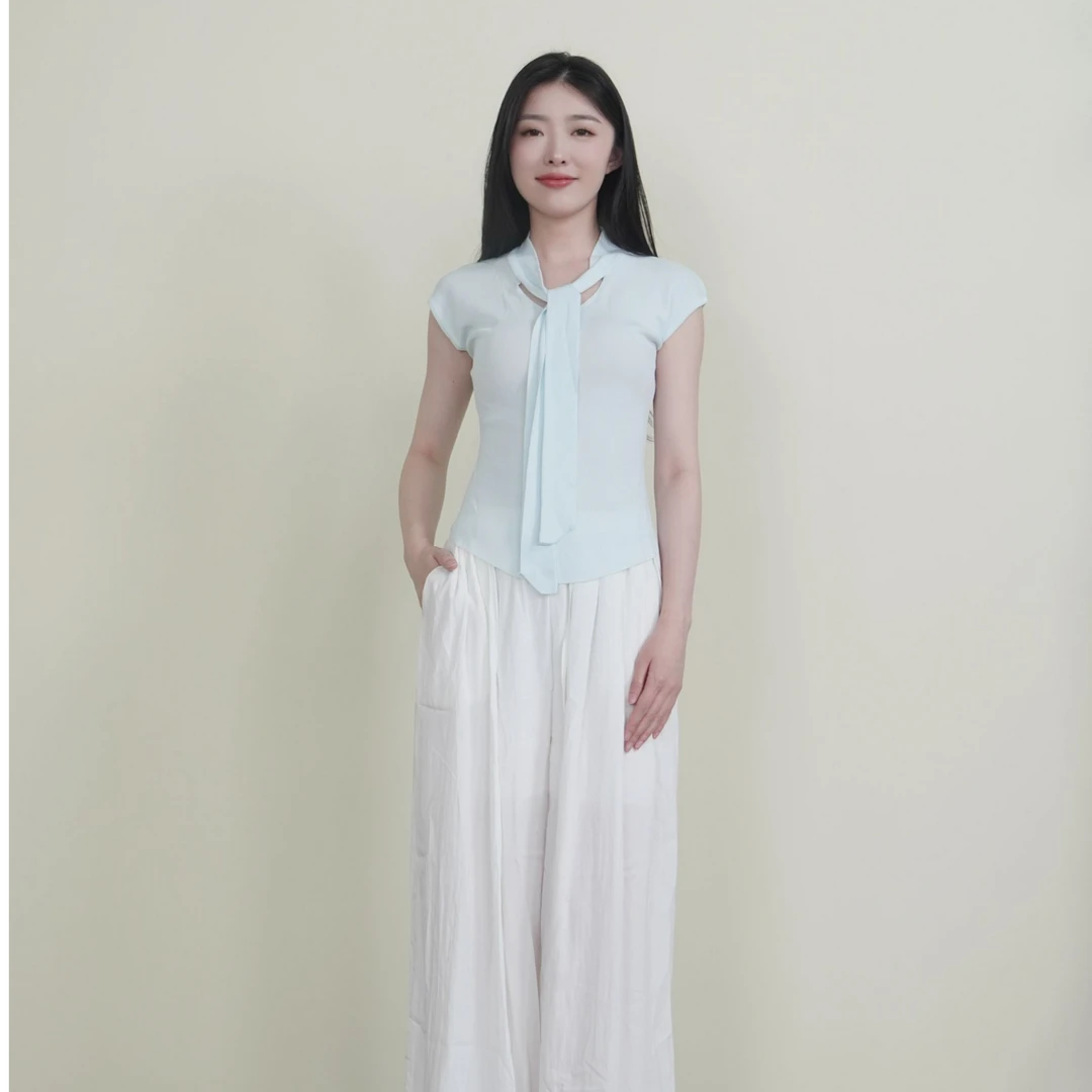 2025年新款韩版设计感带披肩V领冰丝针织小衫女夏季短袖上衣