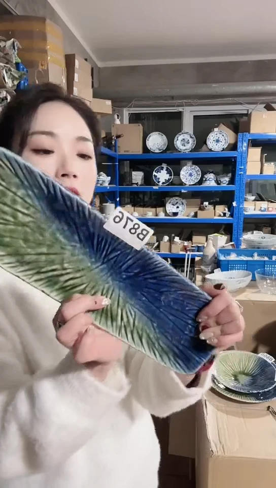 【闪购商品】瓷片日本进口瓷器织布烧35CM长盘B876