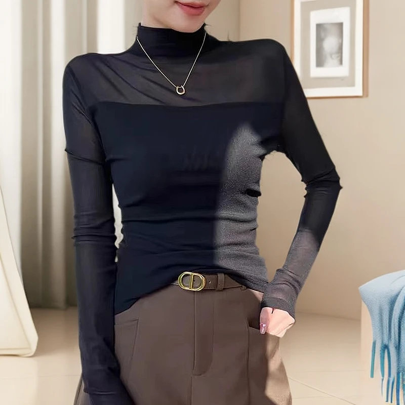 春秋半高领高级感蕾丝网纱女打底衫时尚新款修身百搭显瘦长袖t恤