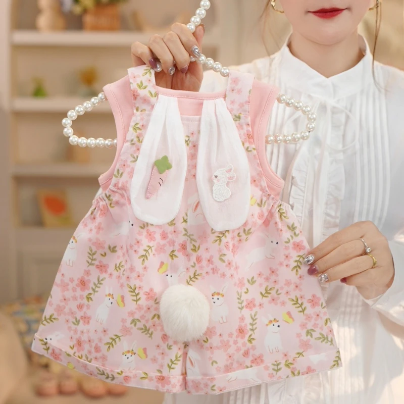 【现货】2025年夏季女小童新款可爱粉色碎花小兔背带裤套装女童003