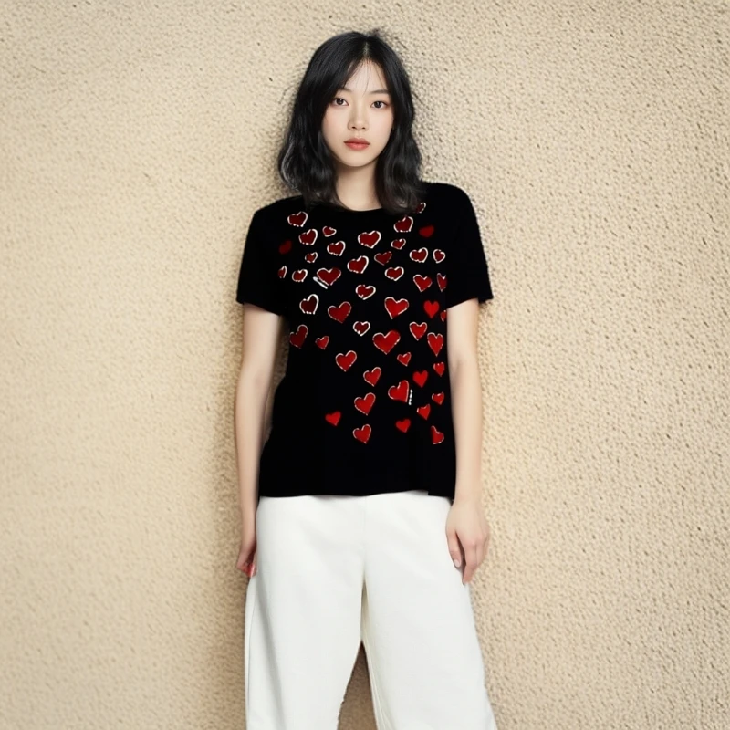 95新 MIU MIU/缪缪 /T恤/满印爱心印花圆领T恤/女款/S码/0001573