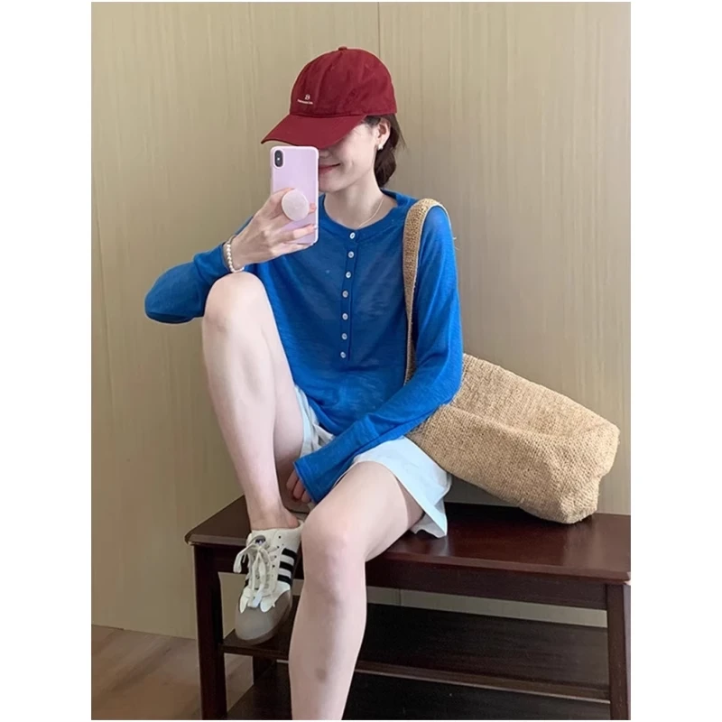 克莱因蓝色宽松百搭休闲防晒长袖t恤女上衣设计感薄款透视罩衫夏
