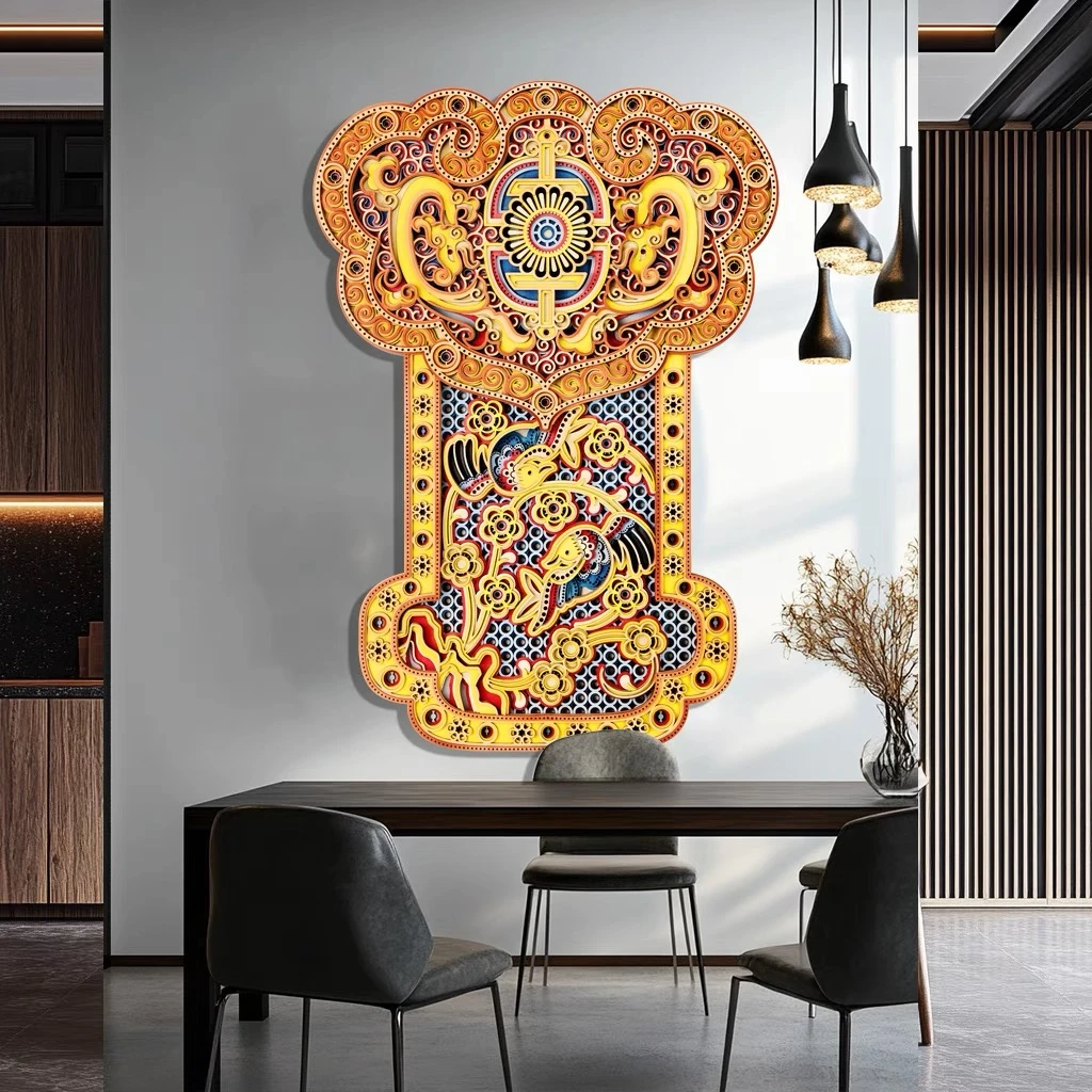 吉象叠雕如意门头双凤立体装饰画新中式文化墙饰玄关客厅壁画艺术