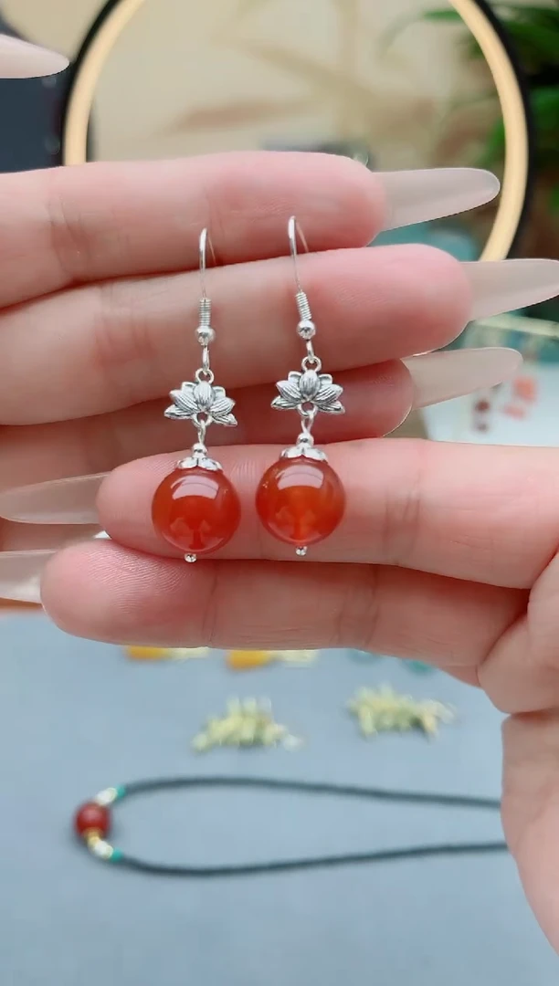 南红玛瑙银S925镶嵌耳饰302