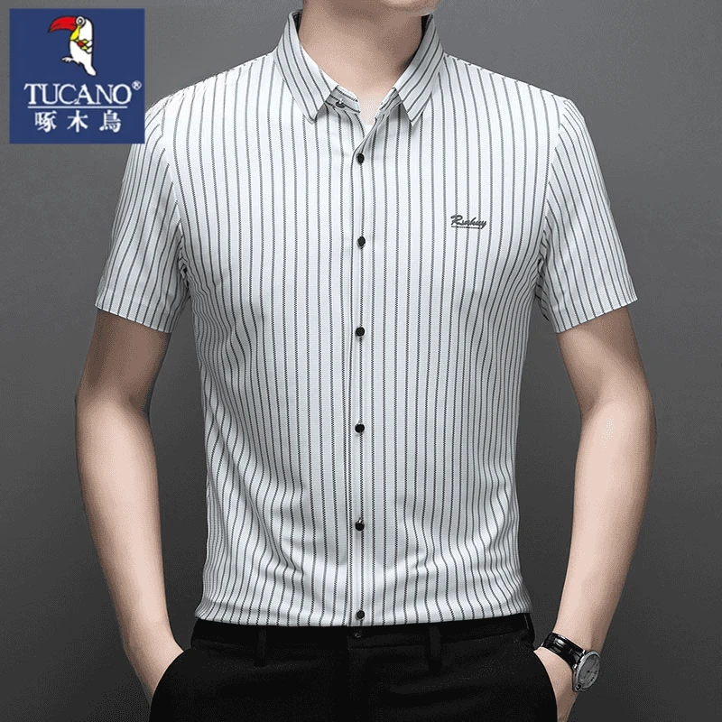 【啄木鸟】夏季男士休闲条纹抗皱免烫短袖衬衫新款商务抗皱薄款衬衣