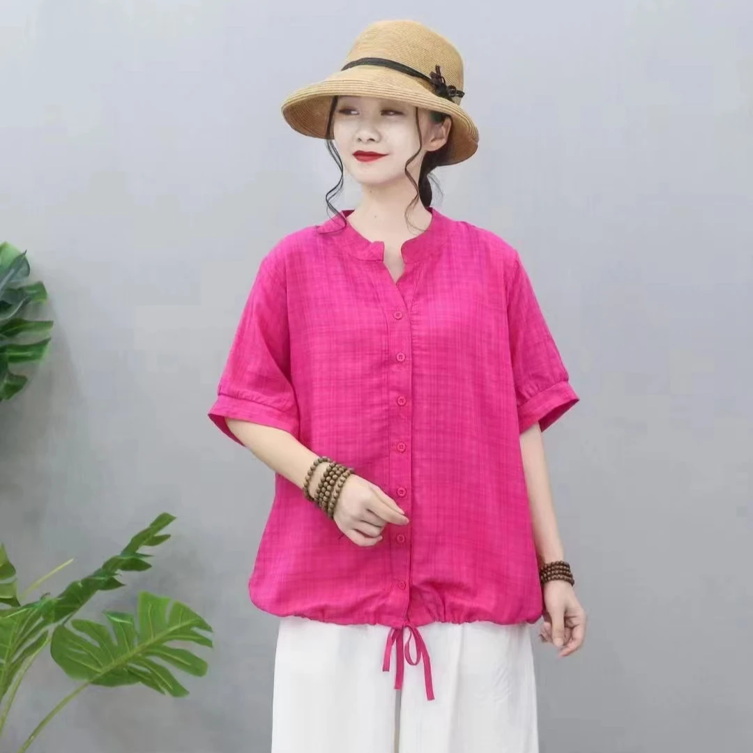 麻棉面料立领短袖女士t恤时尚修身薄款撞色韩版洋气百搭夏季上衣